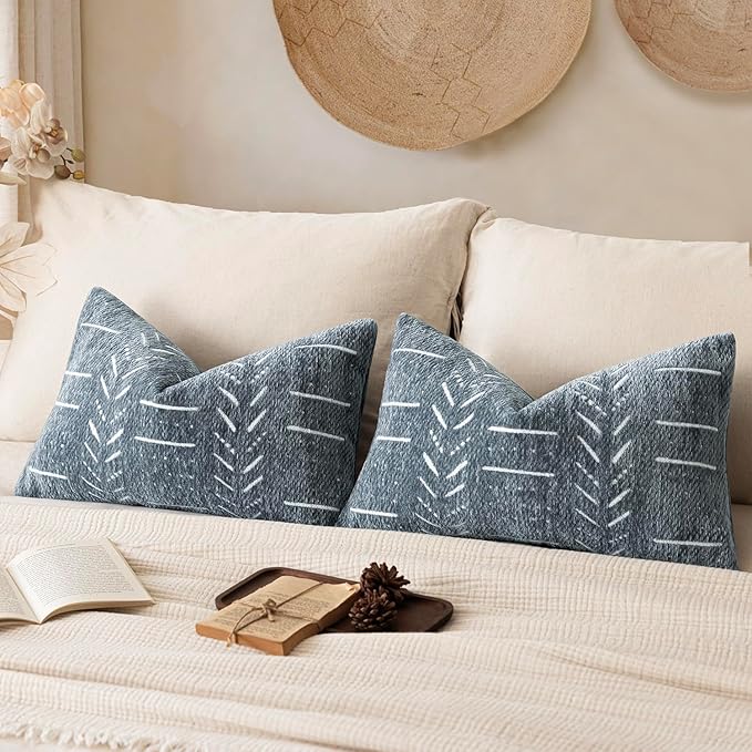 Home Décor Decorative Boho Chenille Throw Pillow Covers Neutral Lumbar Cushion Covers Textured Soft Farmhouse Pillowcase for Couch Sofa Chair Bed Living Room, 12×20 Inch, Set of 2, Dusty Blue