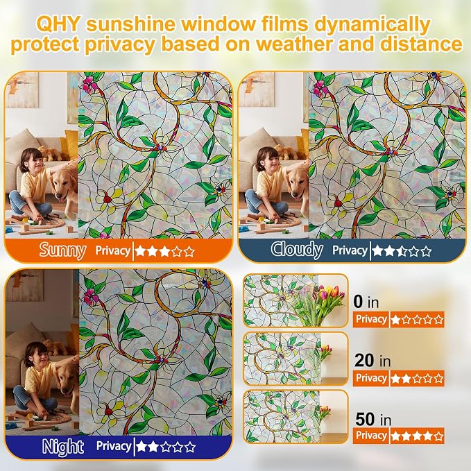Window Privacy Film Stain Glass Window Film Rainbow Window Film Window clings Non-Adhesive Reusable Decorative for Room (Rainbow Vine, 17.5 X 78.7 in)
