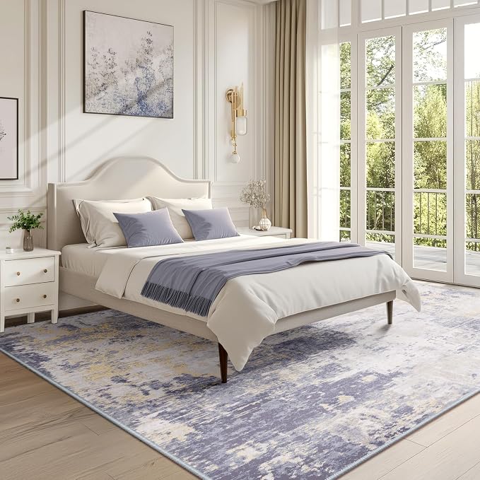 RELEANY Washable Area Rugs 9'x12' Non-Slip Modern Abstract Soft for Living Room Entryway Bedroom Kitchen, Print Pattern, Purple Grey Cream Yellow
