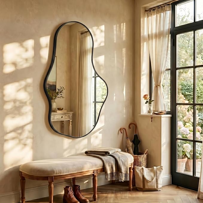 Dorlicecass Mirror Full Length - Wall Mirrors Decorative 26"x 43" Asymmetrical Abstract Aviation Aluminum Alloy Frame Unique for Bathroom, Bedroom, Living Room, Cloakroom, Entryway Black