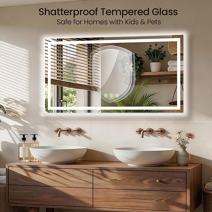 55X30 LED Bathroom Mirror with Lights, Anti-Fog, Backlit + Front Lit, Lighted Bathroom Vanity Mirror for Wall, Memory Function, Dimmable, Tempered Glass, Shatter-Proof