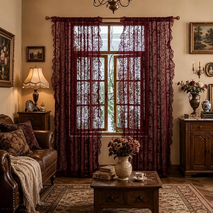 TUDECO Dark Red Curtains for Living Room 2 Panels - Rustic Country Sheer Floral Lace Red Curtains 108 Inches Long, Pretty Ruffle Edges Burgundy Decor Light Filtering Room Window Drapes, 59 x 108 Inch