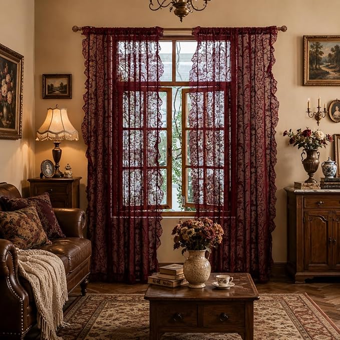 TUDECO Burgundy Sheer Curtains 84 Inches Long for Living Room - Luxury Modern Maroon Red Sheer Curtains for Bedroom, Aesthetic Tulle Rod Pocket Light Filtering Farmhouse Red Drapes, 59 x 84 Inch