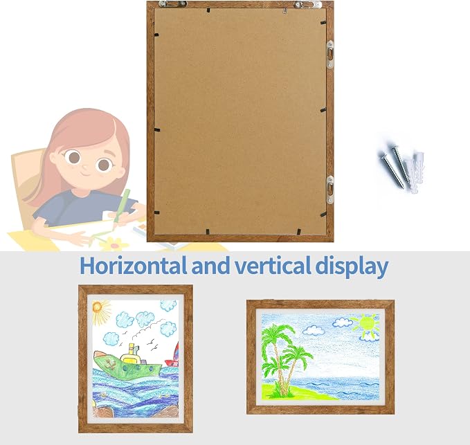 iRahmen Kids Art Frames 9x12 Set of 2 - Front Opening Childrens Picture Frame Changeable, Wood Artwork Display Storage for Wall Mount, Magnetic Door Holds 50 Art Pieces for Drawings, 3D Picture, Crafts, Portfolio, Brown