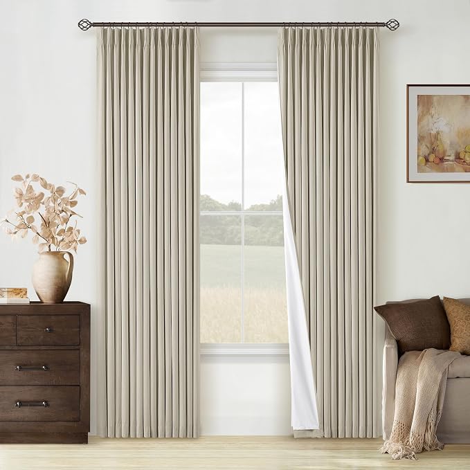 Beige Pinch Pleated Full Blackout Curtains Linen Blend Room Darkening Window Curtains 80 Inch for Living Room Bedroom Thermal Insulated Back Tab Pinch Pleat Drapes with Hooks Rings 2 Panels Oatmeal
