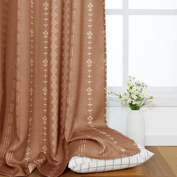 Terracotta Boho Blackout Curtains 84 Inch Long for Bedroom Living Room, Rust Burnt Orange Floral Decorative Patterned Drapes, Rustic Western Farmhouse Black Out Window Panels, Set of 2