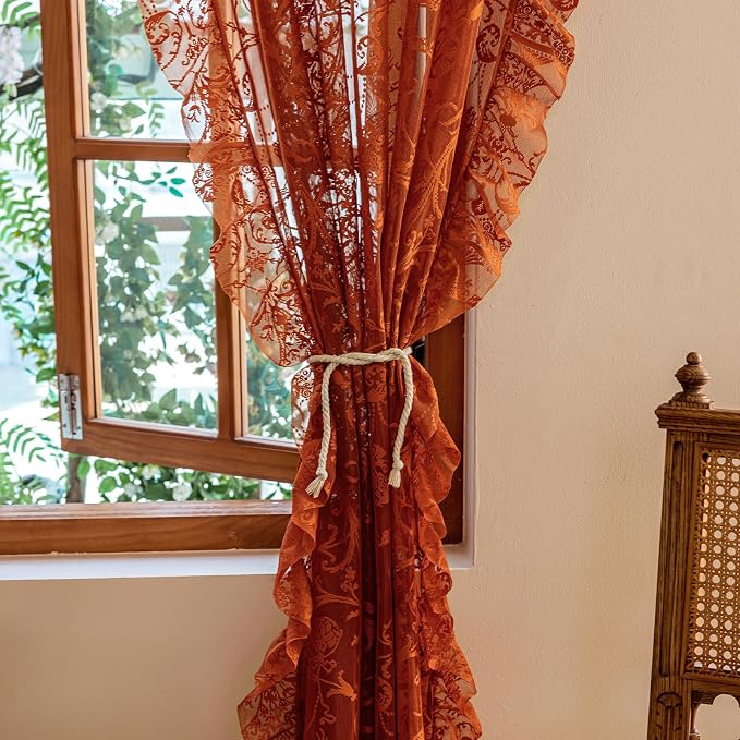 TUDECO Sheer Terracotta Curtains 96 Inches Long - Luxury Embroidered Floral Frilly Ruffle Curtains for Dining Room, Stunning Light Filtering Rod Pocket Thanksgiving Burnt Orange Decor, 59 x 96 Inch