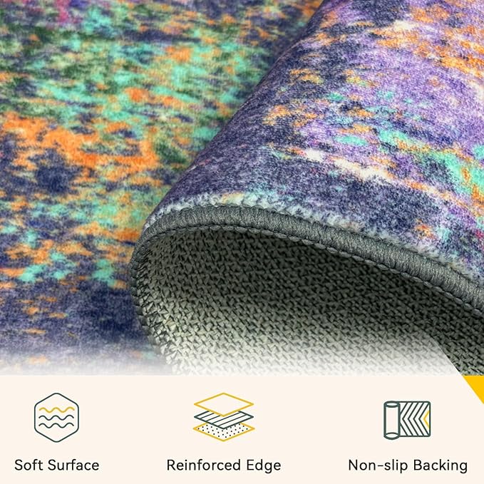 RELEANY Washable Area Rugs 2'x8' Non-Slip Modern Abstract Soft for Living Room Entryway Bedroom Kitchen, Print Pattern, Purple Orange Blue Green Rust Red Colorful