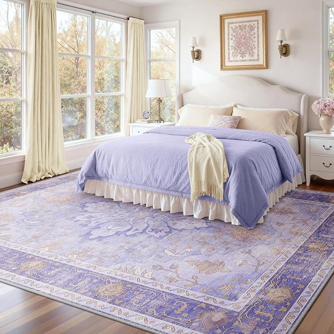 RELEANY Area Rugs Large 10'x14' Washable Non-Slip, Floral Vintage Distress Medallion Carpet for Living Room Bedroom Dining Room, Light Purple Brown