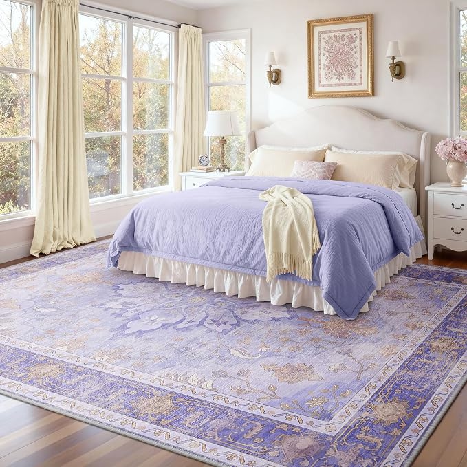 RELEANY Area Rugs 8'x10' Washable Non-Slip, Floral Vintage Distress Medallion Carpet for Living Room Bedroom Dining Room, Light Purple Brown