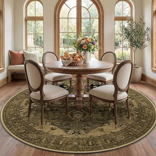 RELEANY Area Rugs Round 7ft Washable Non-Slip, Floral Vintage Distress Medallion Carpet for Living Room Bedroom Dining Room, Brown Dark Brown