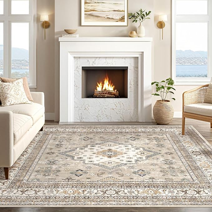 Vintage Living Room Square Area Rug 6x6 - Large Soft Washable Oriental Traditional Distressed Farmhouse Rugs for Bedroom - Indoor Floor Accent Carpet for Home Office House Decor - Beige