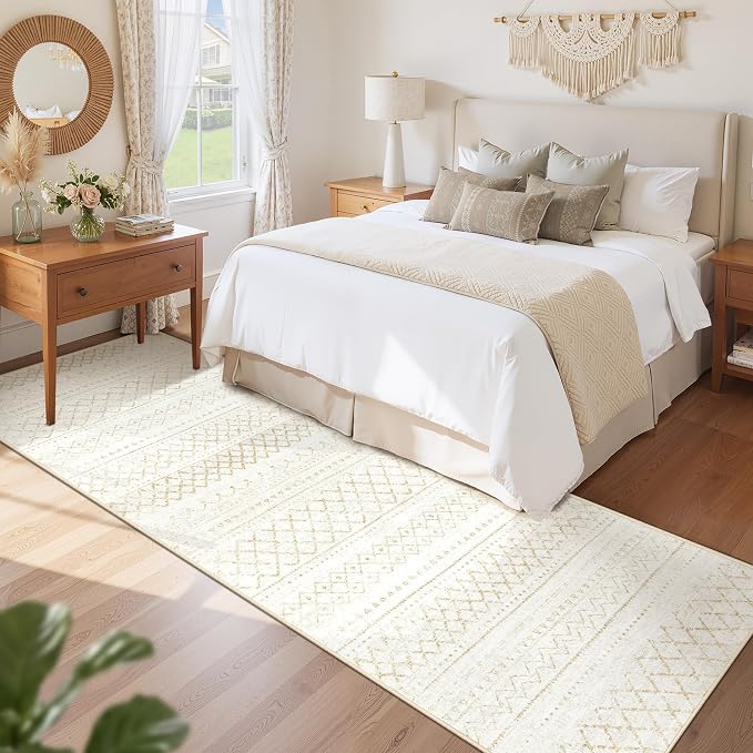 Runner Rug 2x8 Boho Geometric Area Rugs: Washable Kitchen Rug, Soft Non Slip Moroccan Long Hallway Rugs for Bedroom Bathroom Laundry Entryway Staircase Foyer(Beige,2X8)