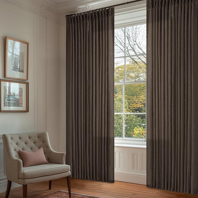 TWODRAPES Dark Chocolate Pinch Pleated Linen Curtains 2 Panels for Living Room Bedroom Memory Training Shaped Semi Sheer Pleat Drapes with Hooks Rings Light Filtering Window Curtain 40x90