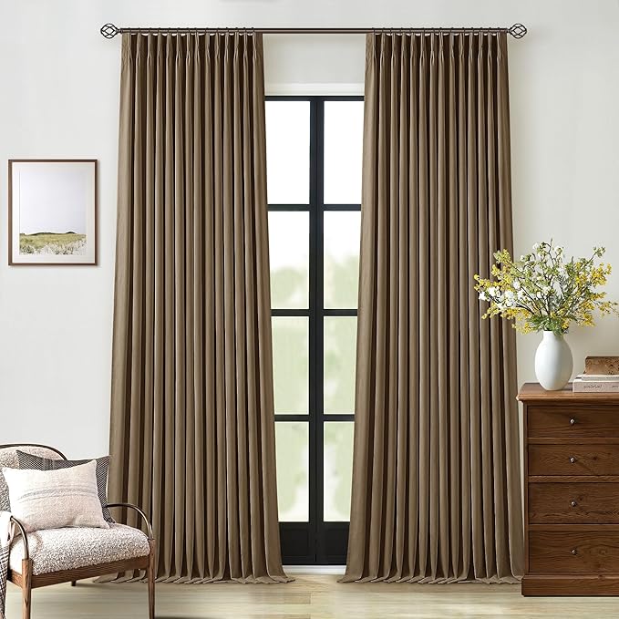 Dark Brown Pleated Linen Blackout Curtains 92 Inches Long for Bedroom Living Room Pinch Pleat Black Out Thermal Insulated Ring Hooks Back Tab Room Darkening Drapes Dutch Cocoa Curtains with Liner