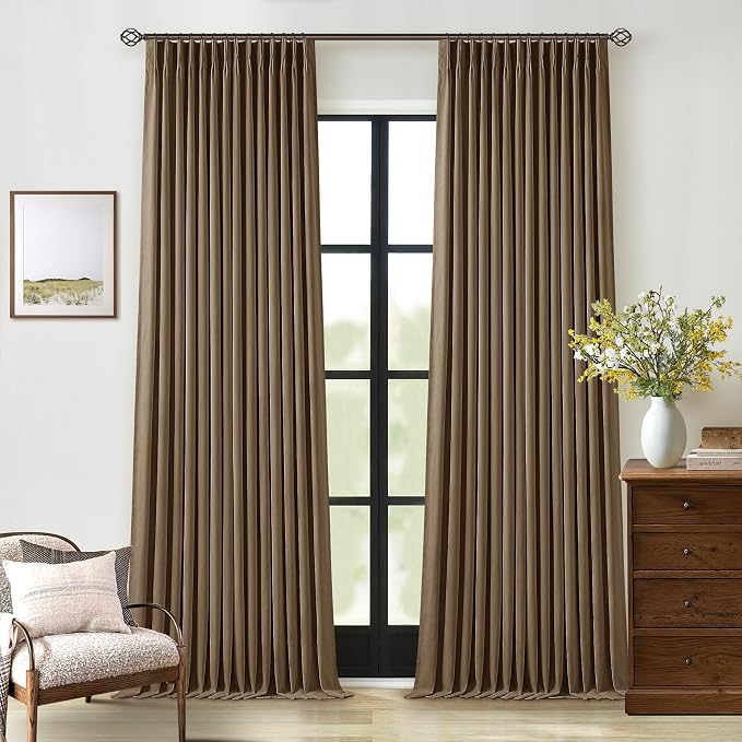 Dark Brown Pinch Pleated Linen Blackout 105 Inch Curtains 2 Panels for Living Room Bedroom Thermal Insulated 100% Black Out Linen Drapes with Liner Room Darkening Window Curtains 40x105 Dutch Cocoa