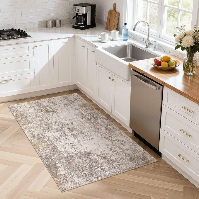 Area Rugs for Living Room: 3x5 Abstract Washable Rug Modern Neutral Large Soft Stain Resistant Non-Slip Backing Machine Table for Bedroom Dining Room Indoor Home Office Carpet - Brown Grey