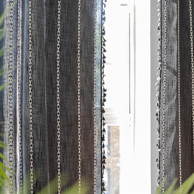 RoomTalks Black Boho Farmhouse Curtains for Bedroom Living Room 84 Inch Length 2 Panles, French Country Halloween Gothic Cute Textured Window Curtain Panels Bohemian Vintage Tassel Draperies