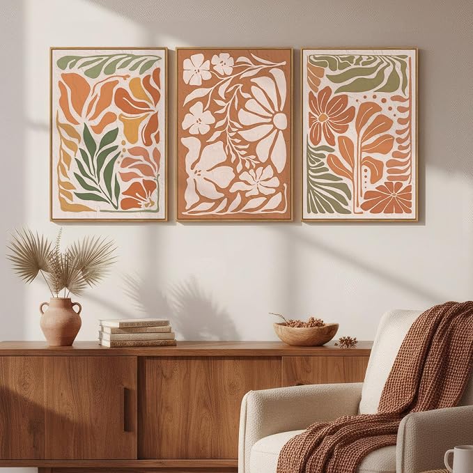 3 Piece Framed Boho Floral Wall Art for Living Room, Large Abstract Botanical Flower Canvas Prints Paintings, Mid Century Modern Wildflower Pictures Artworks Decor for Bedroom Office 16x24 Inch