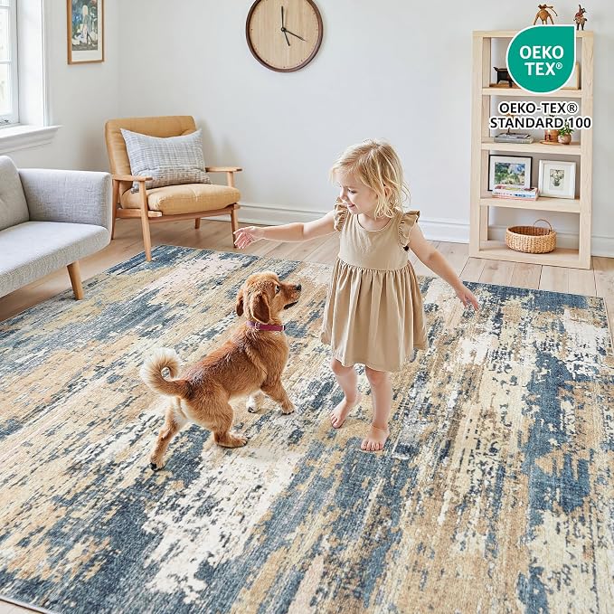 Area Rugs 9x12 Living Room: Large Soft Washable Rug Modern Abstract Anti-Skid Non-Shedding Carpet Indoor Floor Thin Carpets for Bedroom Dining Room Farmhouse Nursery Home Office Brown Blue