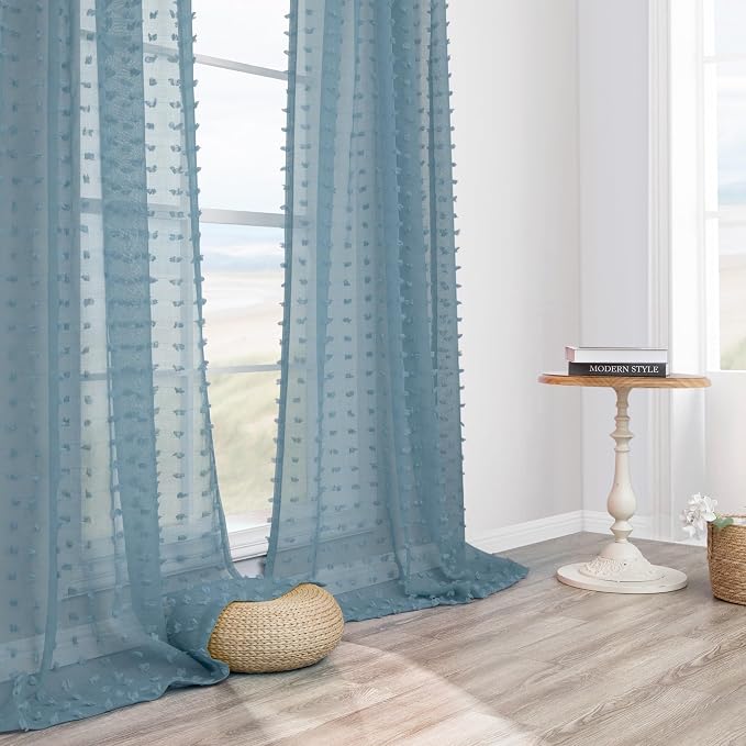DANCURTON Stone Blue Sheer Curtains 63 Inch Length for Boys Bedroom Nursery Boho Farmhouse Light Blue Pom Pom Semi Sheer Kitchen Curtain Summer Beach Themed Ocean Coastal Decor 52x63 Back Tab 2 Panels