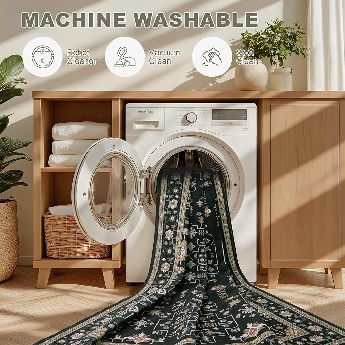 Round Area Rug for Living Room: 6ft Washable Vintage Boho Soft Thin Circle Rug Indoor Floor No Slip Stain Resistant Carpet for Bedroom Dining Room Farmhouse Nursery Home Office -Black