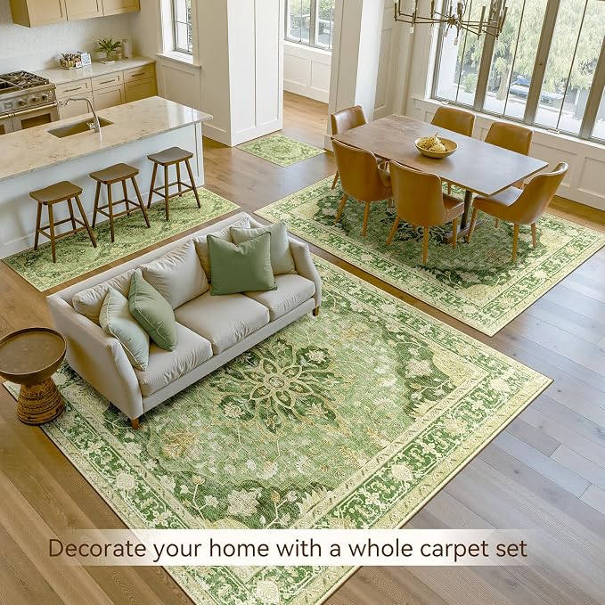 RELEANY Area Rugs 3'x5' Washable Non-Slip, Floral Vintage Distress Medallion Carpet for Living Room Bedroom Dining Room, Sage Green Yellow