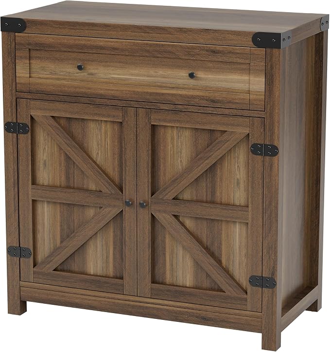 YESHOMY Farmhouse Coffee Bar Cabinet Sideboards, with Barn Doors, Spacious Drawer, Adjustable Interior Shelf, Generous Top Surface, for Kitchen, Bathroom, Entryway, Living Room, Rustic Brown
