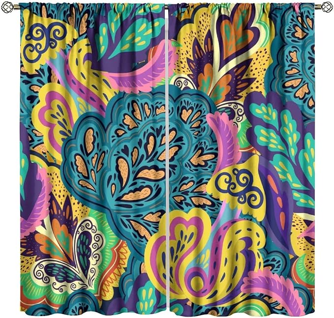 Bohemian-Style Floral Blackout Curtains with Psychedelic Abstract Paisley Print for Bedrooms, Living Rooms, and Kitchens42X63 Inch