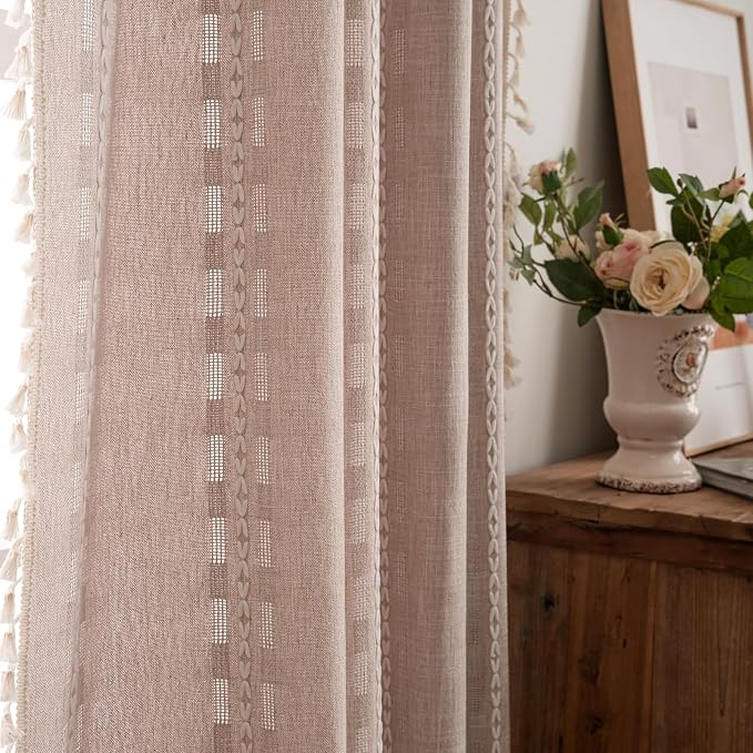 Deeprove Boho Curtain 63 inches Length for Living Room Bedroom Nursery, Retro Bohemian Coffee Linen Sheer 63 inches Long Tassel Stripe Embroidery Privacy Window Treatment W52 x L63, 1 Panel Natural