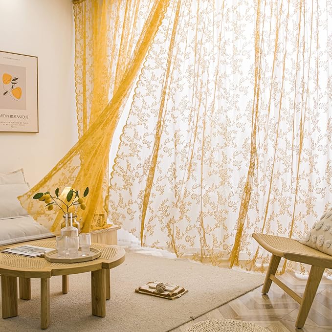 Sutuo Home Gold Lace Curtains Set of 2, Sheer Panels 45 Inch Length Floral Embroidery Vintage Voile Window Treatment Pair for Bedroom Living Room Kitchen, Shabby Chic Decor Rod Pocket, W57 x L45