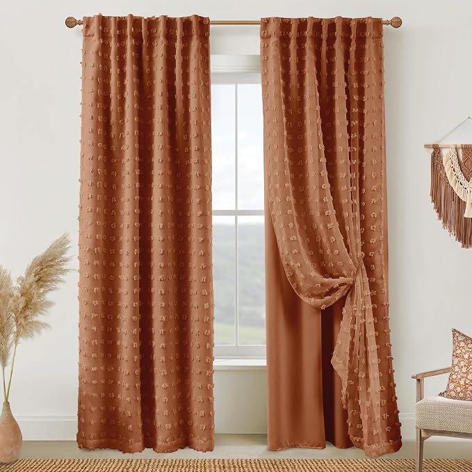 Vintage Colorful Sheer Blackout Curtains 96 Inches Long for Nursery Living Room,Black Out Room Darkening Bold Boho Terra Cotta Aztec Farm House Moody Dark Floral Window Curtains 2 Panel Sets