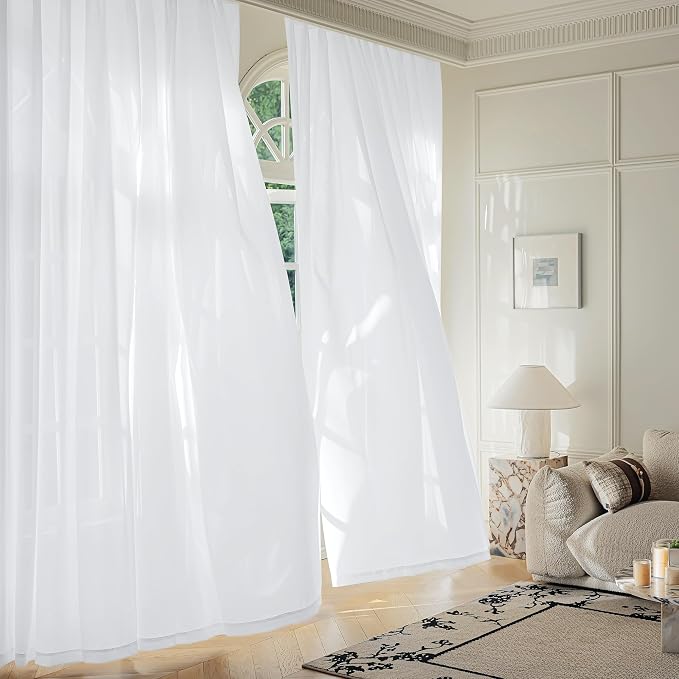 FMFUNCTEX Sheer Non-See-Through White Curtains for Bedroom, Sliding Door Curtains 84 Inches Long Privacy Window Curtain Drapes for Living Room, Patio Glass Door Extra Wide Curtain, Rod Pocket 1 Panel