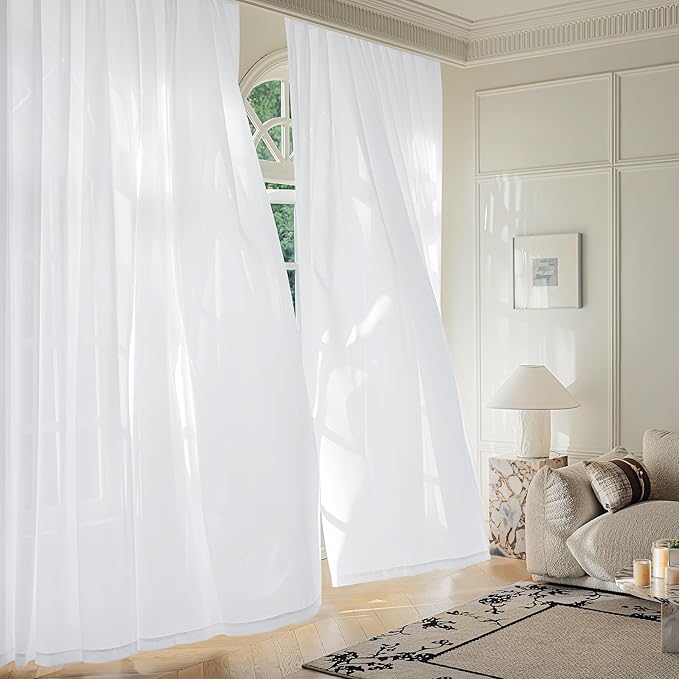 FMFUNCTEX Sheer Non-See-Through White Curtains for Bedroom, Faux Silk that Let Light Curtains 54 inches Long Light Filtering Privacy Sheer Window Drapes for Living Room, Rod Pocket 2 Panels Set