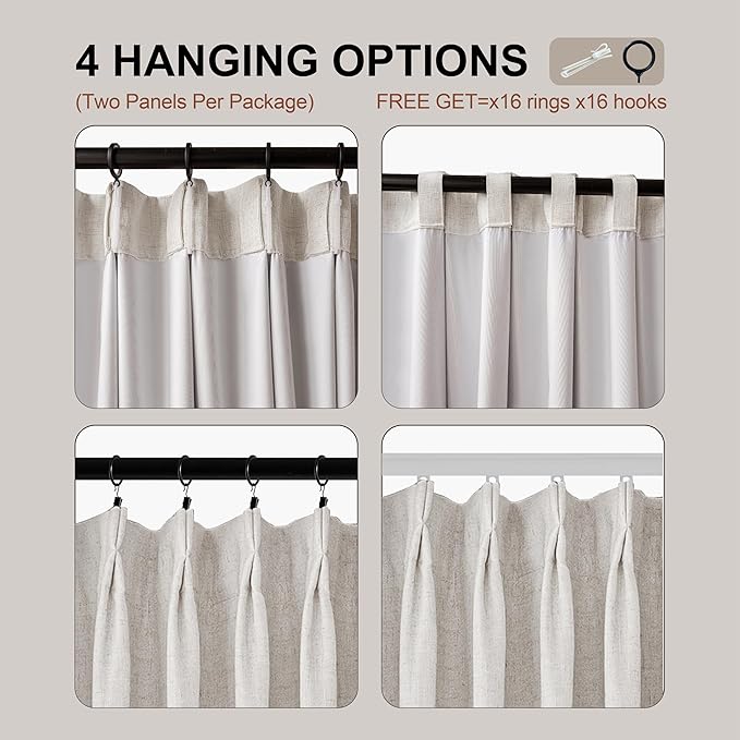 Pinch Pleated Curtains 95 Inch Long 100% Blackout Thermal Insulated Natural Linen Pinch Pleat Viral Drapes with Hooks Rings 2 Panel Sets Back Tab Window Curtains, 40" Wx95 L