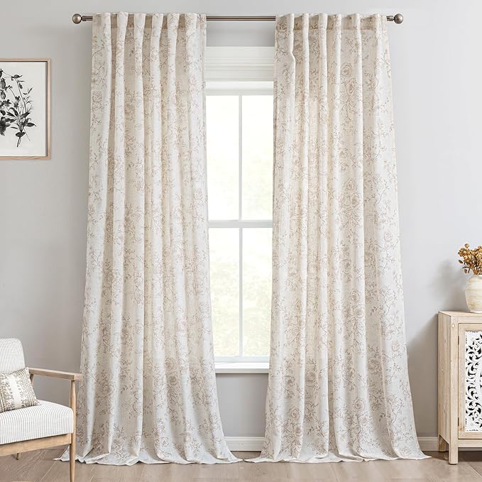 Brown Floral Curtains 102 inch Length Back Tab Farmhouser Living Room Light Filtering Curtains Brown Pattern Print on Cream White Linen Curtain Minimalist Aesthetic Sketch Style Vintage Room Decor