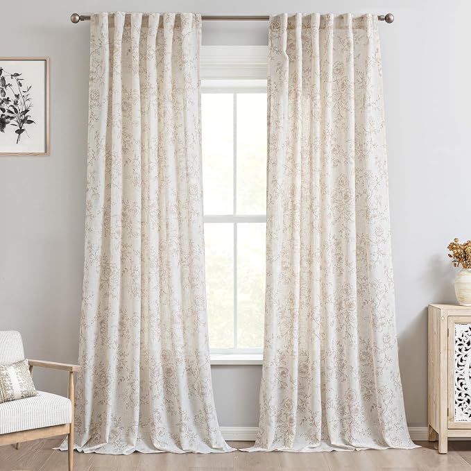 Brown Floral Curtains 90 inch Length Back Tab Farmhouser Living Room Light Filtering Curtains Brown Pattern Print on Cream White Linen Curtain Minimalist Aesthetic Sketch Style Vintage Room Decor