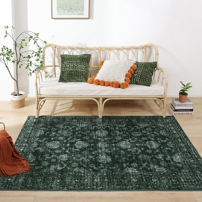 FROZZUR Boho Green Area Rug 3x5 Washable Vintage Rug for Bedroom Kitchen Dining Room, Non Slip Distressed Entryway Rugs for Home Office Decor Green