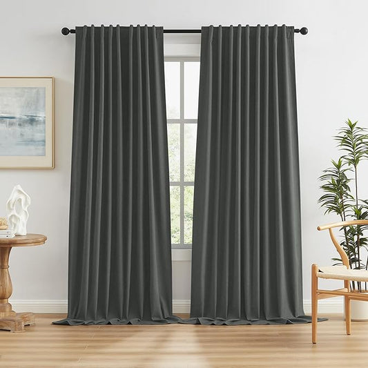 KEQIAOSUOCAI Grey Pleated Curtains 2 Panels Set, Full Blackout Linen Curtain Drapes for Living Room Bedroom 96 Inches Long (72 Inch Wide Each Panel, 1 Pair) Back Tab Rod Loop Pocket