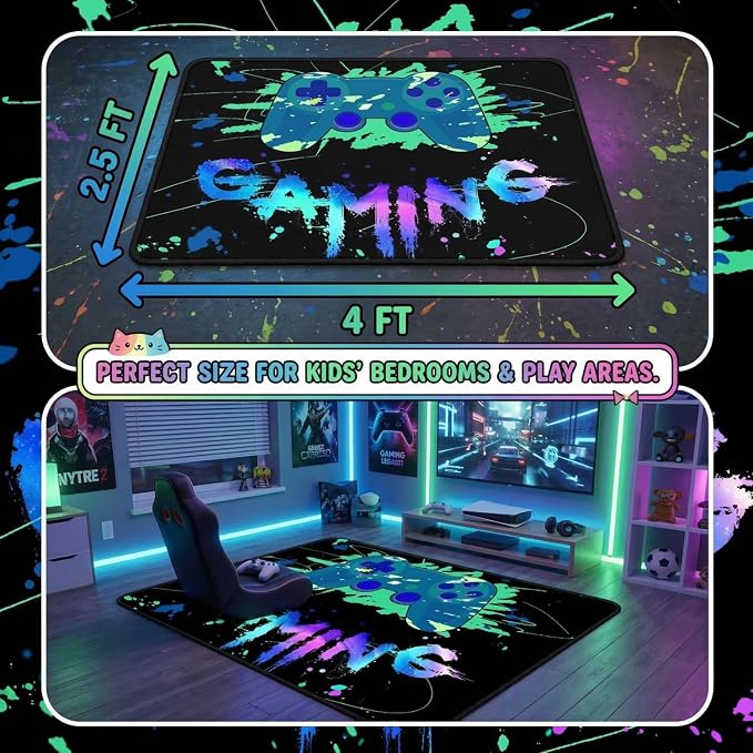 Gamer Rugs for Bedroom Boys, Colorful Video Gaming Gamepad Carpet Decor Boys Room, Blue Gaming Rugs for Bedroom Living Room Playroom Decor 2'5"x4'
