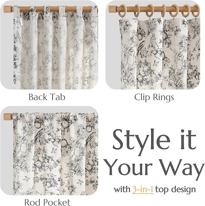 jinchan Linen Floral Curtains for Living Room 63 Inch Length Black Printed Flower Light Filtering French Country Curtain Farmhouse Cottage Core Toile Curtains Back Tab Window Drapes Set 2 Panels
