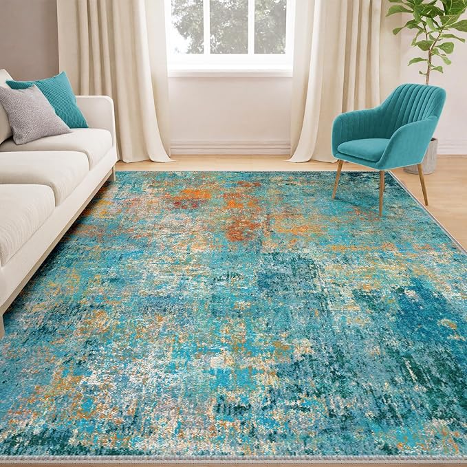 RELEANY Washable Area Rugs 5'x7' Non-Slip Modern Abstract Soft for Living Room Entryway Bedroom Kitchen, Print Pattern, Teal Blue Green Orange Rust Red Coloreful