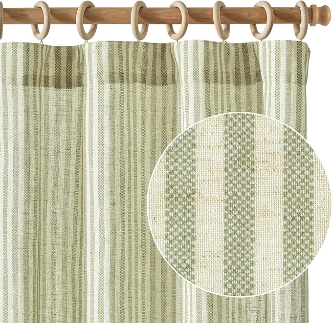 jinchan Linen Curtains 96 Inch Sage Green Stripe on Beige Back Tab 2 Panels | Curtains For Living Room Bedroom,Ticking Stripe, Farmhouse Cottage Core Rustic,Rod Pocket Window Treatment,Light Filtering