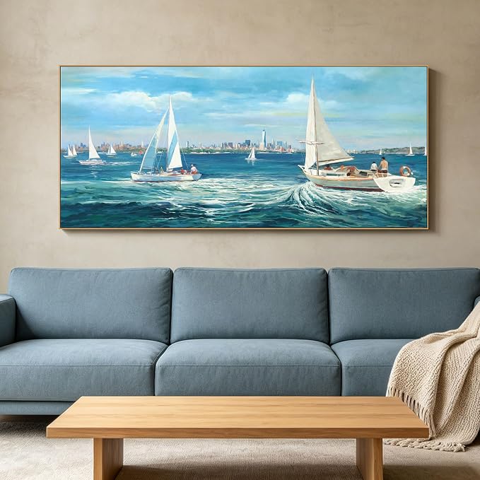 Sailboat Wall Art for Living Room Framed Canvas Beach Artwork for Walls | Extra Large 70x31 Inches Landscape Modern Seascape Picture Sailboat Artwork for Bedroom Bathroom Office Home Wall Decor