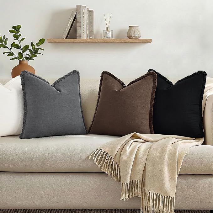 decorUhome Linen Fringe Lumbar Throw Pillow Covers Set of 2 Decorative Black Pillow Covers with Tassels Soft Accent Boho Farmhouse Pillow Cases for Couch Bed Sofa 12x20 Inch