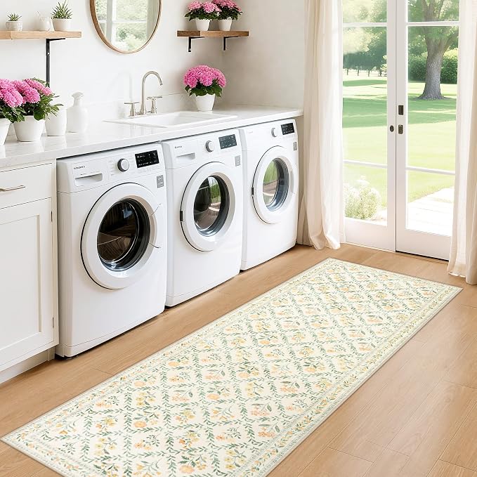 Runner Rug for Entryway: 2x5 Kitchen Rugs Non Slip Washable Ultra-Thin Soft Floral Carpet Indoor Floor Stain Resistant Carpets for Hallway Bedroom Kitchen Laundry Bathroom Dorm Beige/Multi