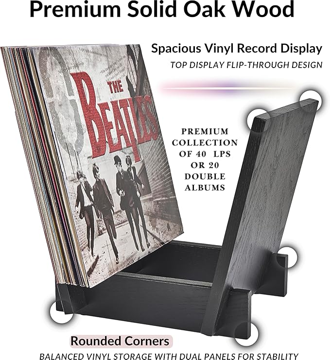 Honygebia Wooden Vinyl Record Holder - Black Solid Oak Wood Record Album Holder, V-Shaped Vinyl Record Storage Racks, Album Holders for Vinyl Records, Shelf for Storing Collection of 40 Premium LPs