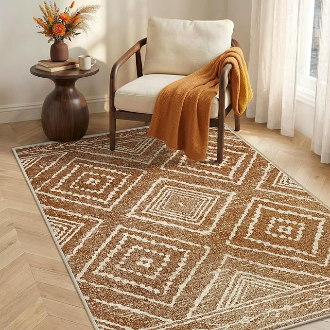 BESTSWEETIE Area Rug 3x4 Rug Machine Washable Non-Slip Low Pile Print Pattern Western Rug for Living Room Bedroom Entryway Tribal Series-Yellowbrown/Cream