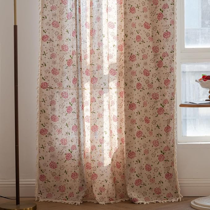 OYX Boho Curtains 84 Inch Length 2 Panels for Living Room, Bedroom Light Filtering Drapes, Farmhouse Vintage Country French Rustic Tassels Pattern Rod Pocket Aesthetic Decor Window Treatments