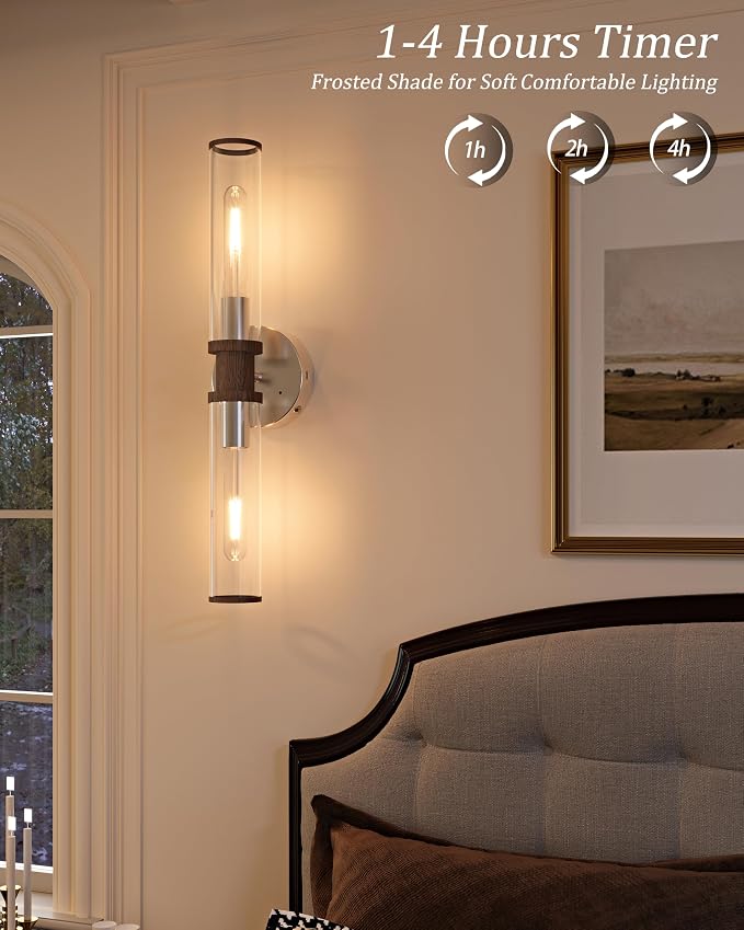 Rayogale Nickel & Walnut Wireless Battery Operated Wall Sconces with Remote | Glass Rechargeable Wall Lights Set of 2 with Timer Function Dimmable for Living Room Bedroom Emergency 3000K, 20.5 Inch